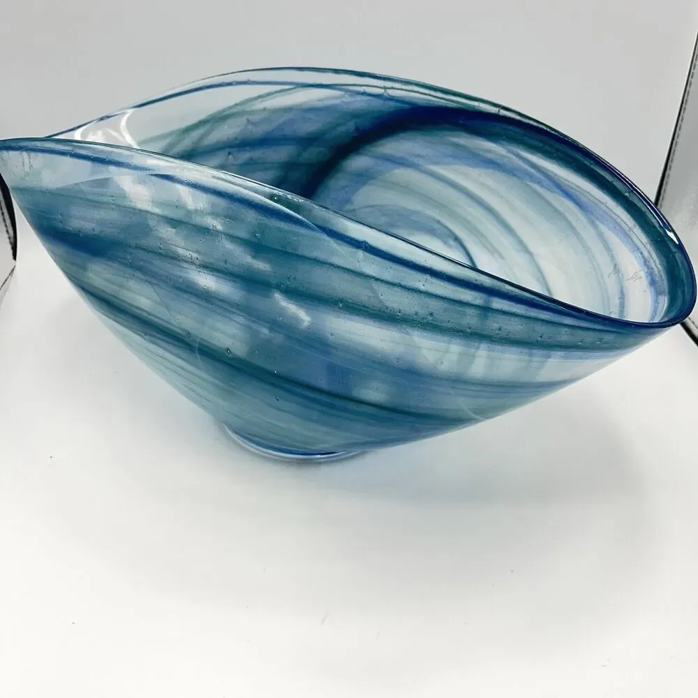 14"x7" Oval Blue Folded Satin Glass Bowl Lines Swirls - Picture 3 of 16